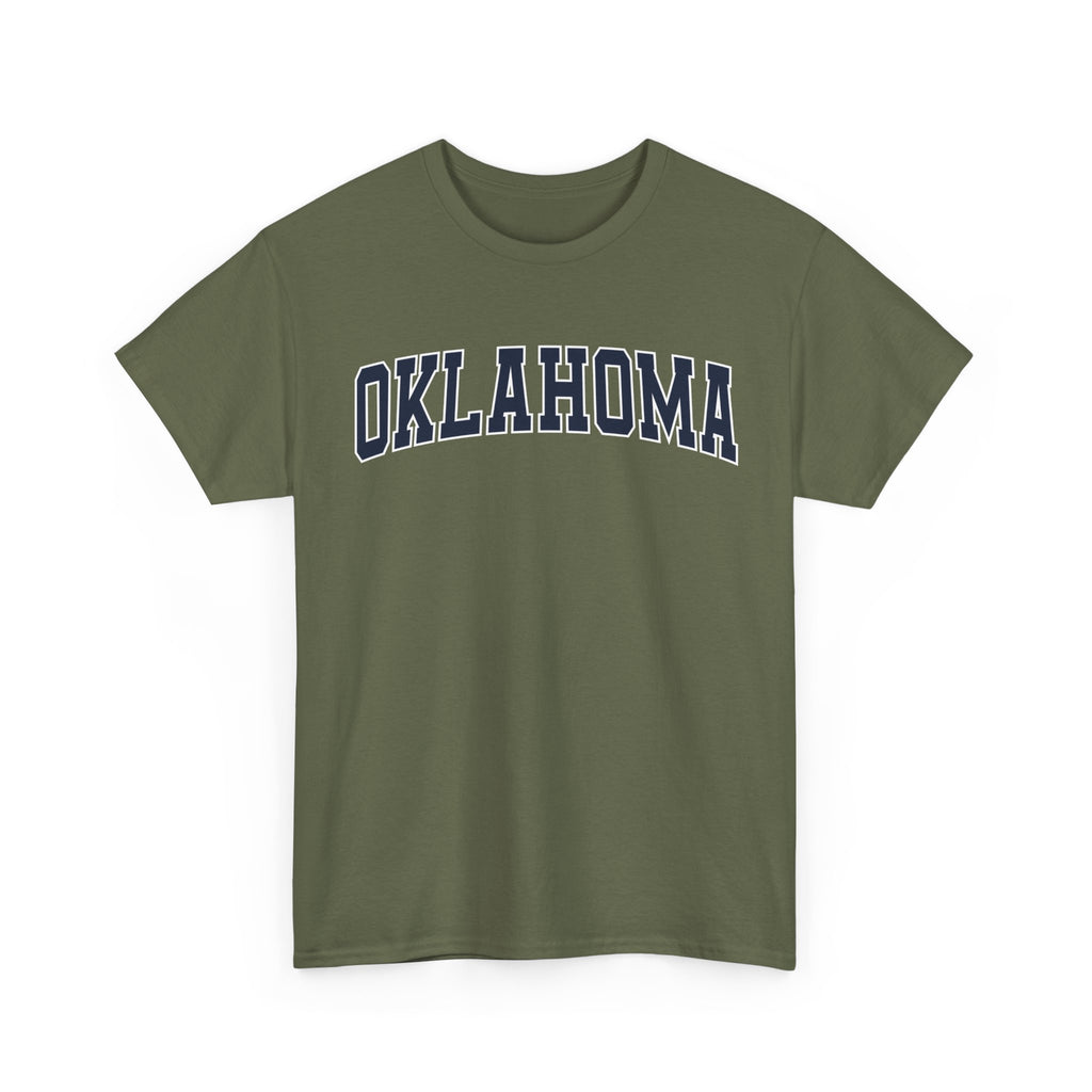 Green t-shirt with 'OKLAHOMA' text on a white background