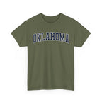 Green t-shirt with 'OKLAHOMA' text on a white background