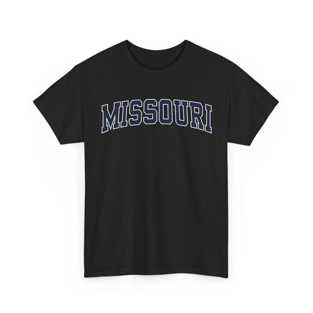 Black t-shirt with 'MISSOURI' printed on a white background