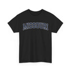 Black t-shirt with 'MISSOURI' printed on a white background