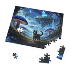 Jigsaw puzzle with a cat and mushroom scene on a white background