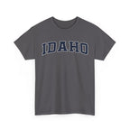 Charcoal t-shirt with 'IDaho' printed on a white background