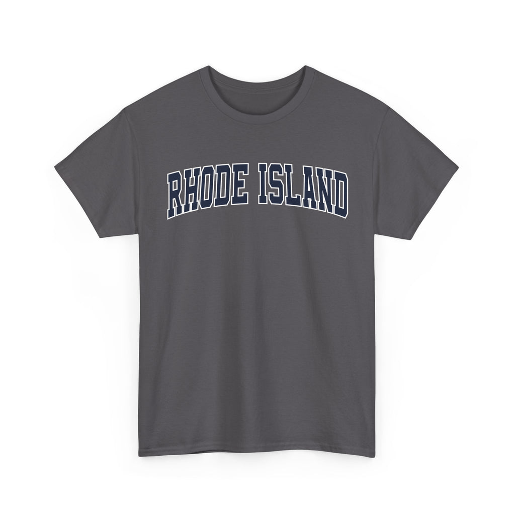 Gray t-shirt with 'RHODE ISLAND' text on a white background