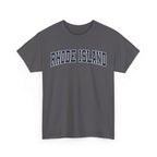 Gray t-shirt with 'RHODE ISLAND' text on a white background