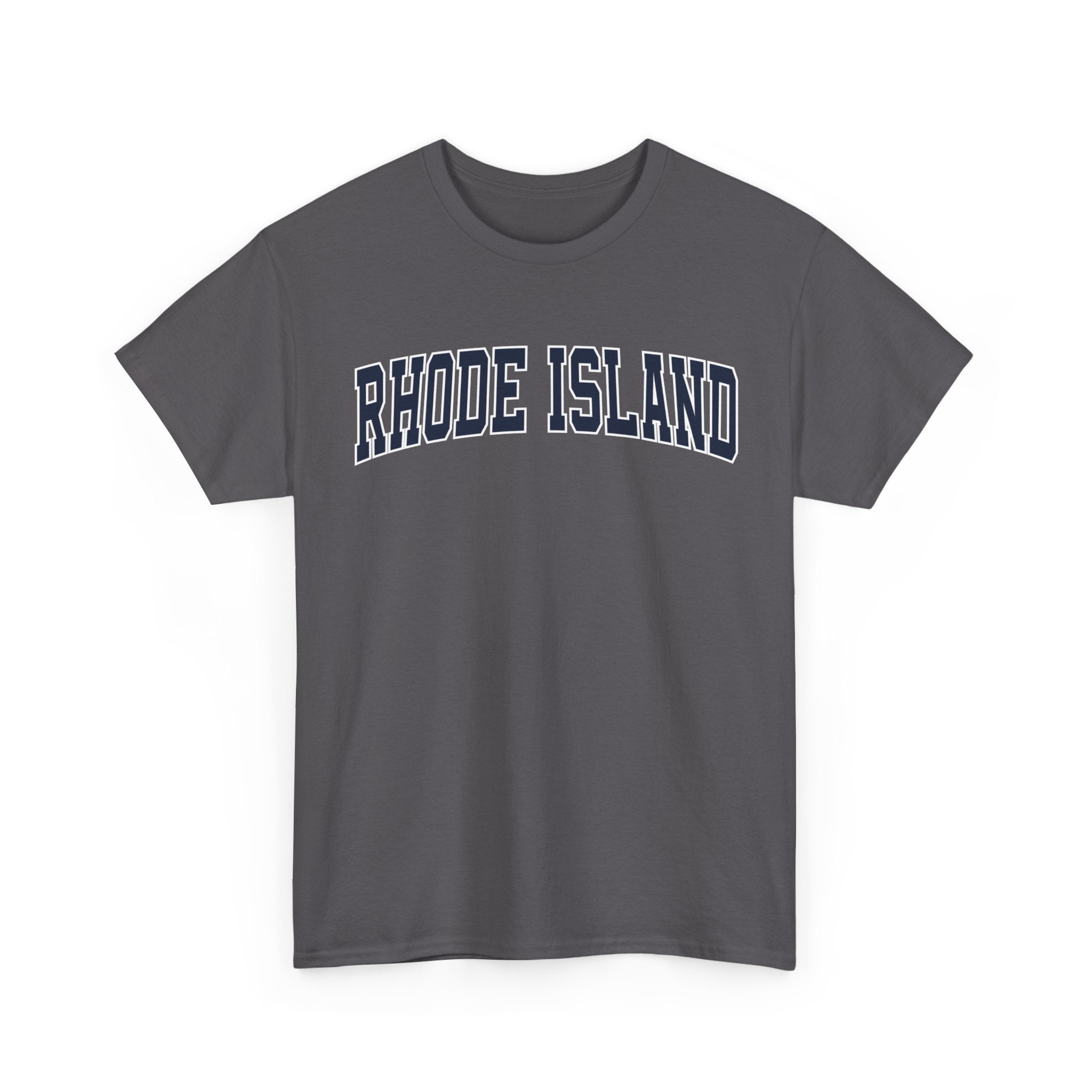 Gray t-shirt with 'RHODE ISLAND' text on a white background