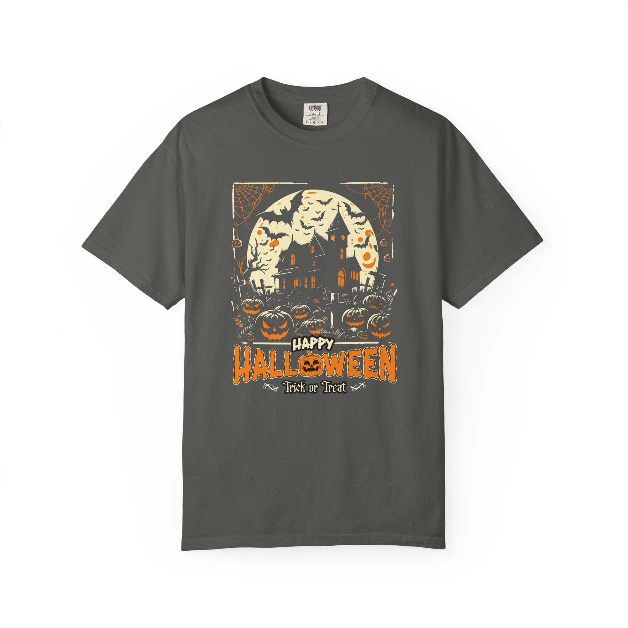 Happy Halloween T-Shirt: Haunted House Graphic Tee with Bats & Pumpkin - Trick or Treat - Pepper / S - T-Shirt