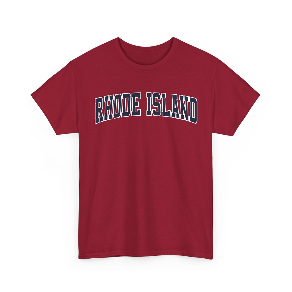 Red t-shirt with 'RHODE ISLAND' text on a white background