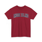 Red t-shirt with 'RHODE ISLAND' text on a white background