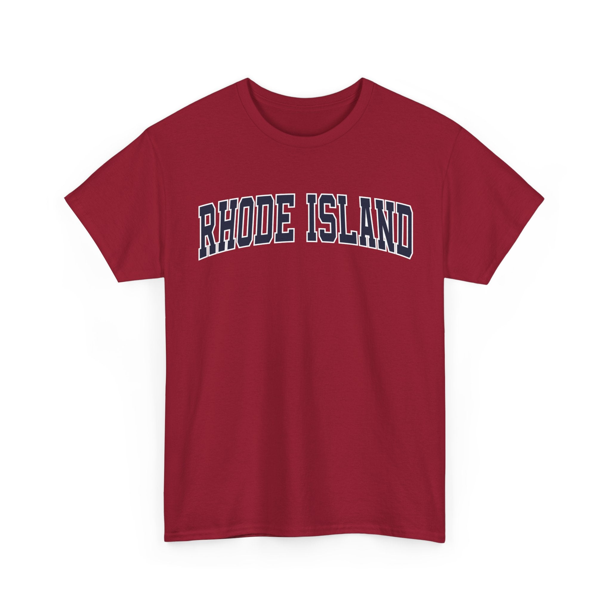 Red t-shirt with 'RHODE ISLAND' text on a white background