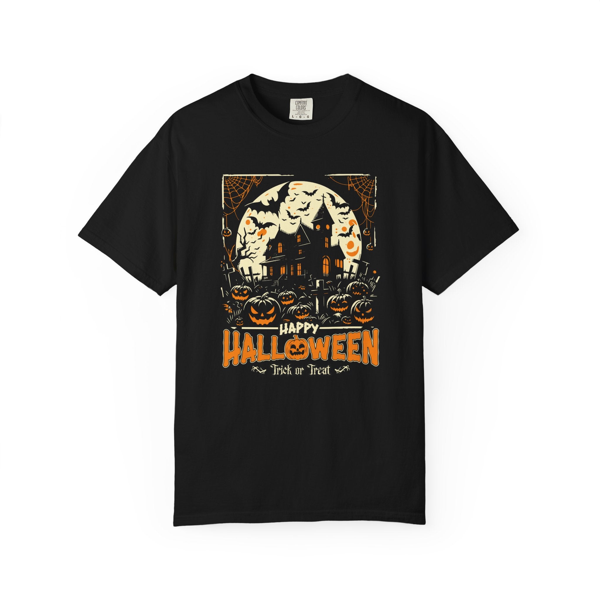 Happy Halloween T-Shirt: Haunted House Graphic Tee with Bats & Pumpkin - Trick or Treat - Black / S - T-Shirt