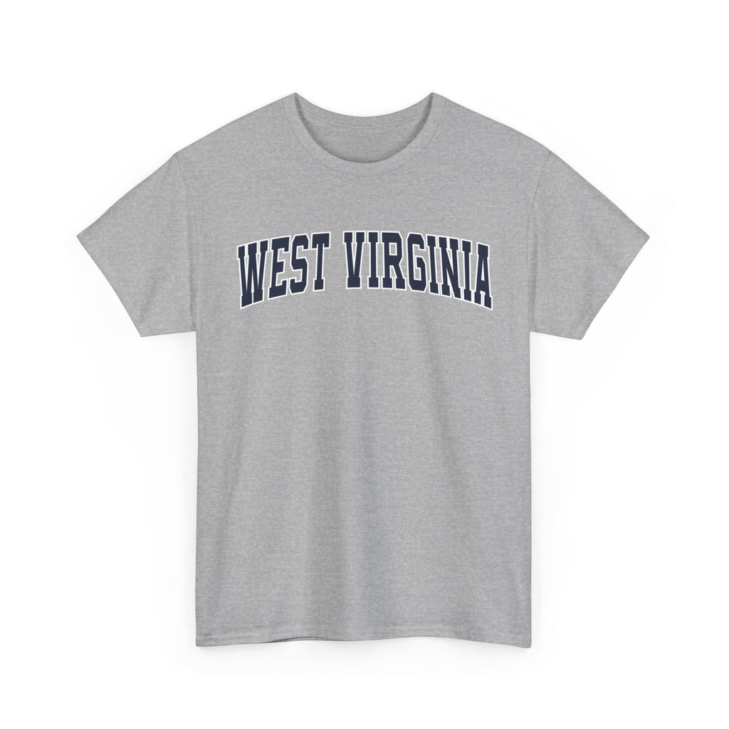 Gray t-shirt with 'West Virginia' text on a white background