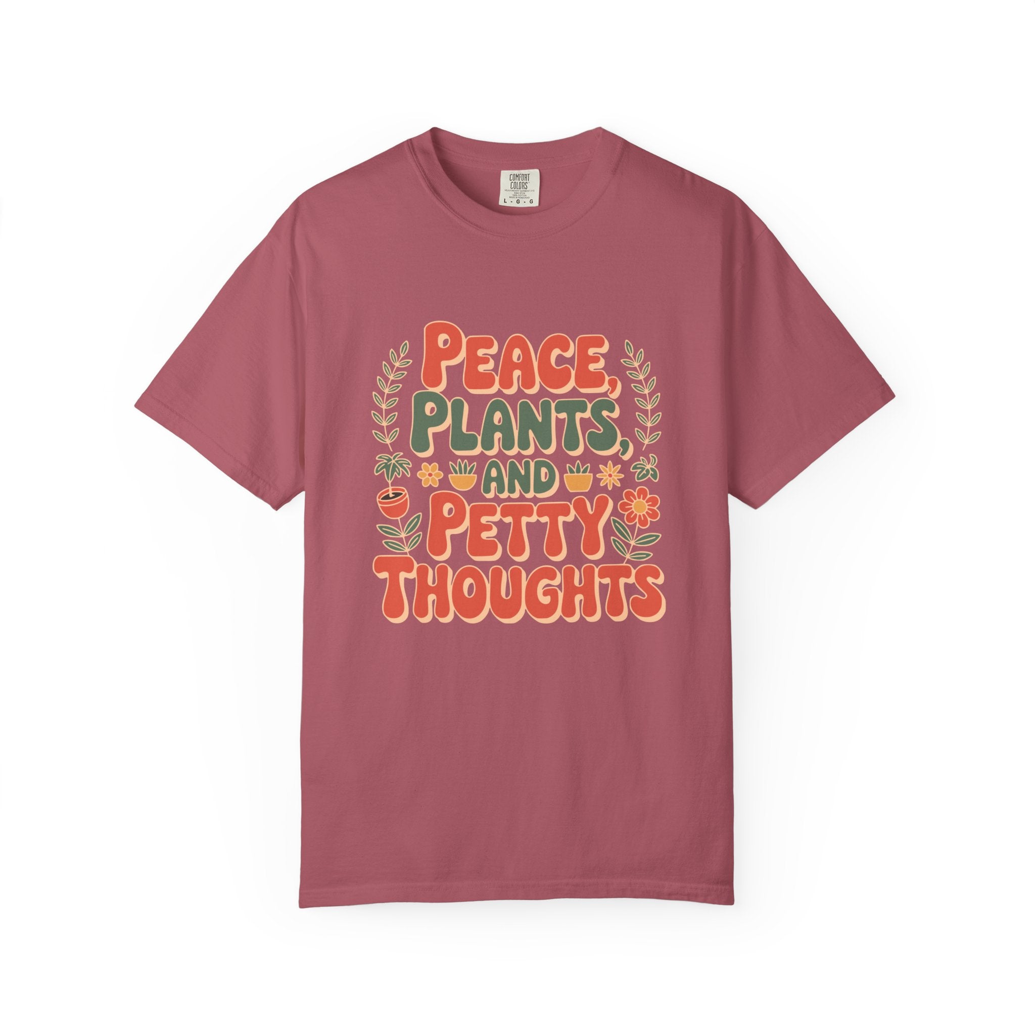 ’Peace Plants & Petty Thoughts’ T-Shirt | Funny Plant Graphic Quote Tee - Crimson / S