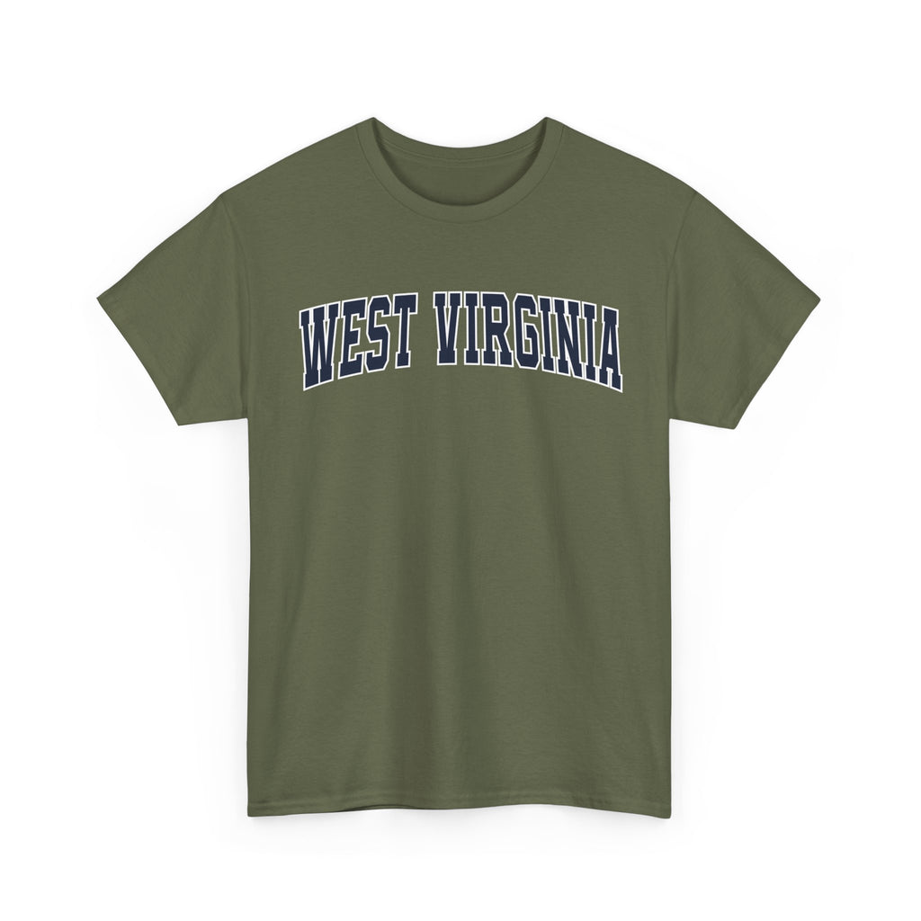 Green t-shirt with 'West Virginia' text on a white background
