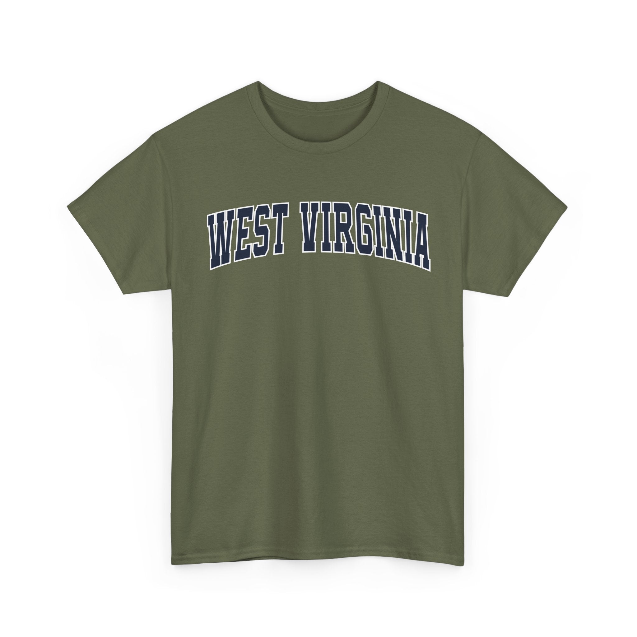 Green t-shirt with 'West Virginia' text on a white background
