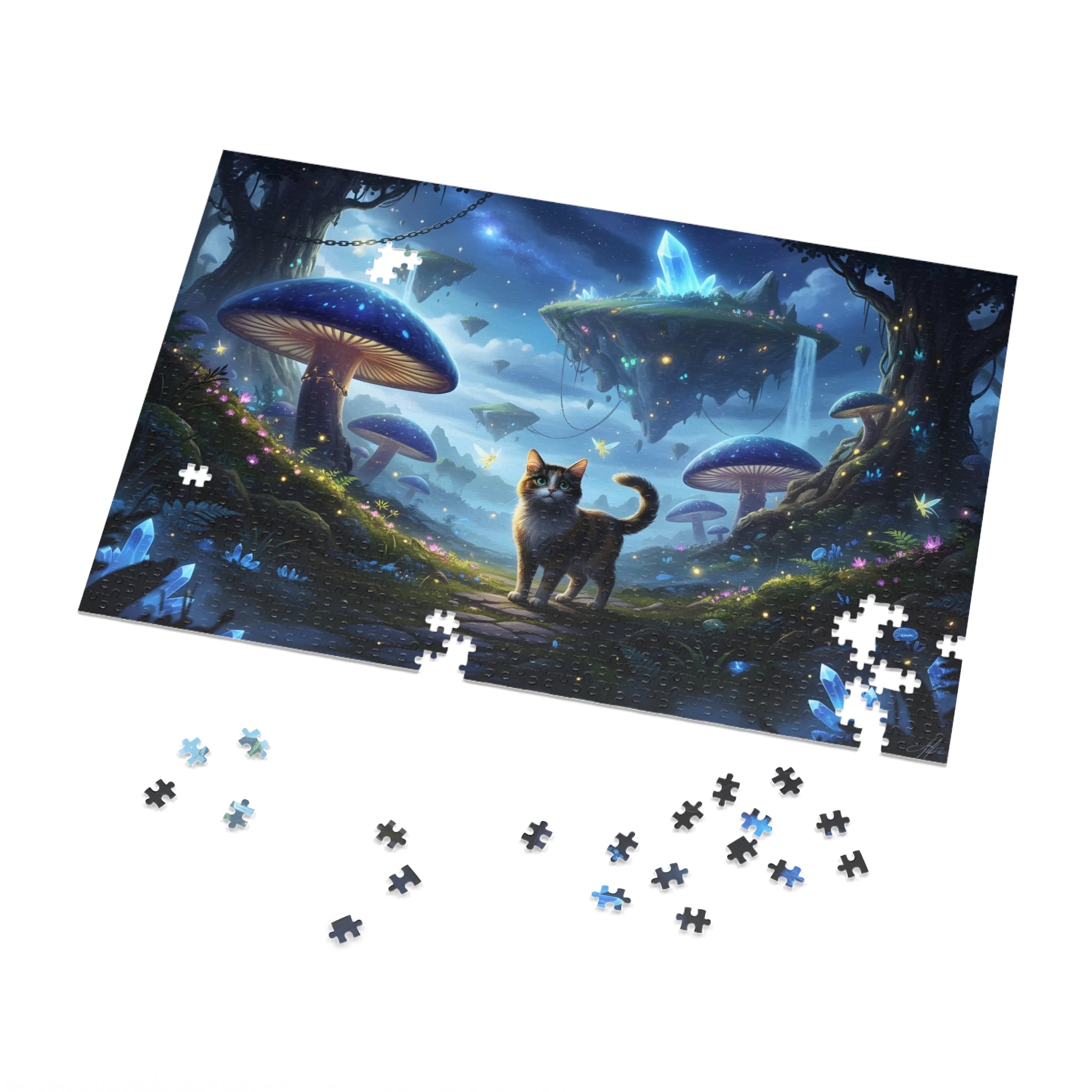 Futuristic mushroom landscape puzzle with a cat and scattered pieces on a white background