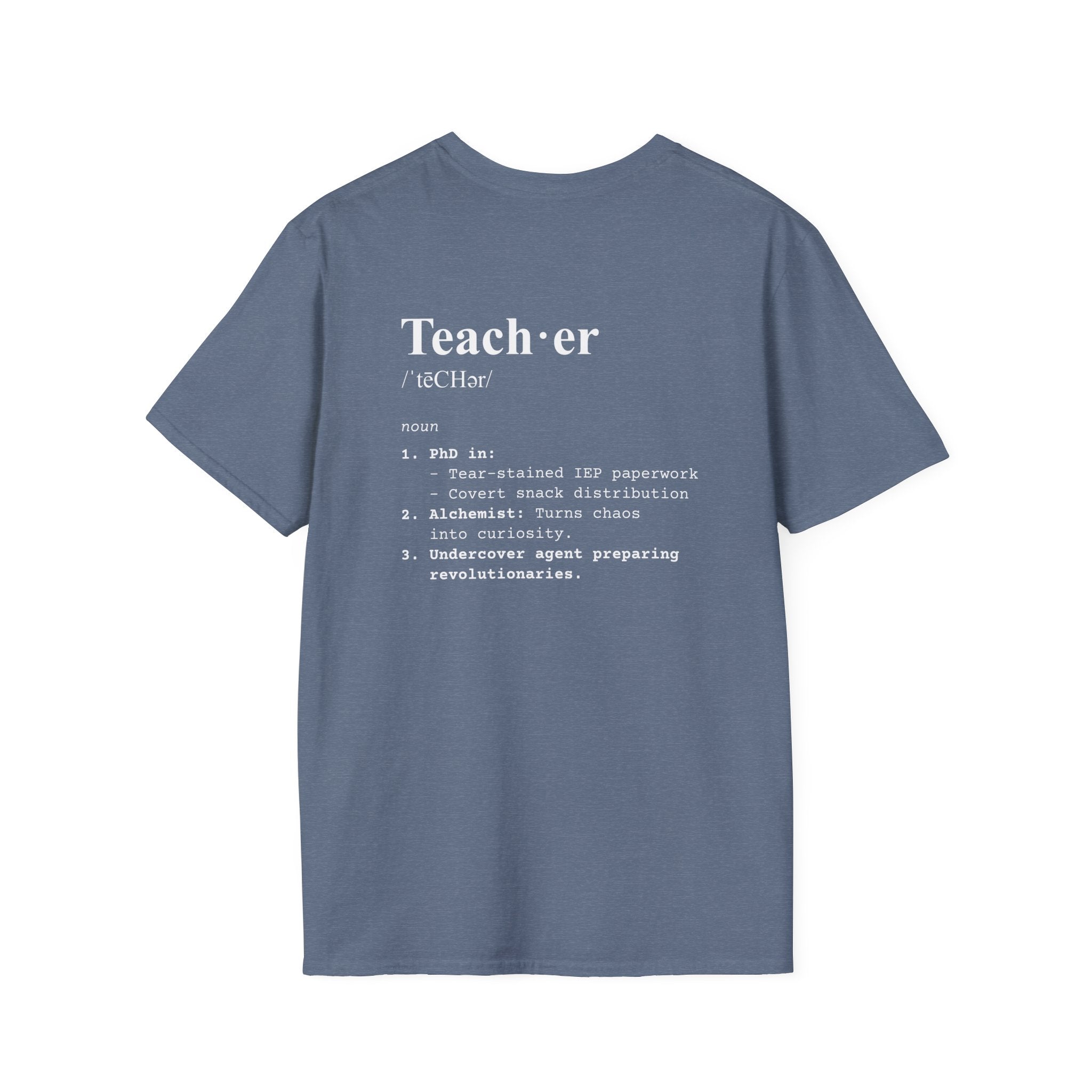 Teacher Definition T-Shirt (V5 - Back Print) - Heather Indigo / S - T-Shirt