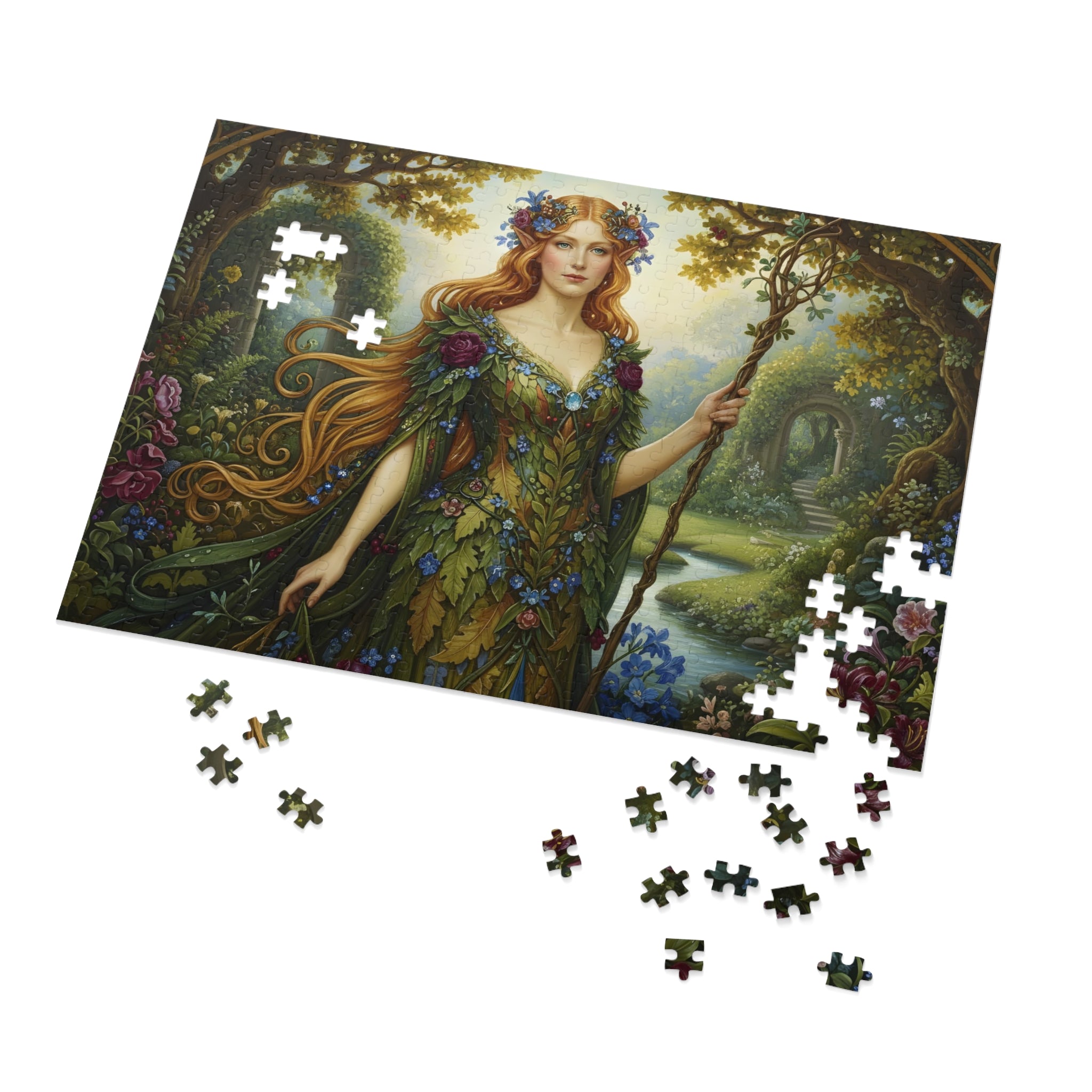 a mockup of a 250pcs Jigsaw puzzle set with a 'Majestic Elven Queen of Isekai Fantasy Forest' design on a white background
