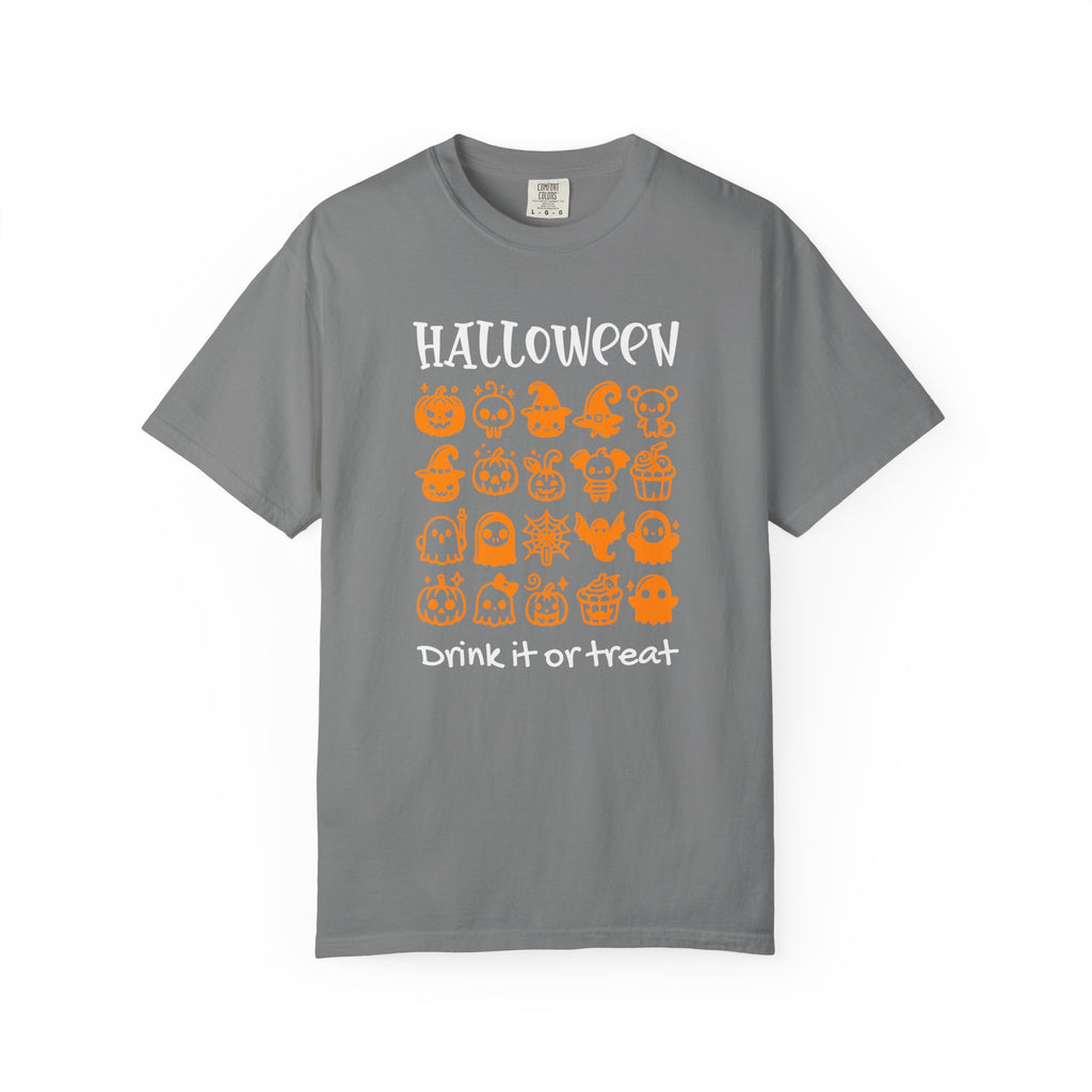 Drink It or Treat Halloween T-Shirt: Spooky Fun Graphic Tee with 25 Icon Design - Grey / S - T-Shirt