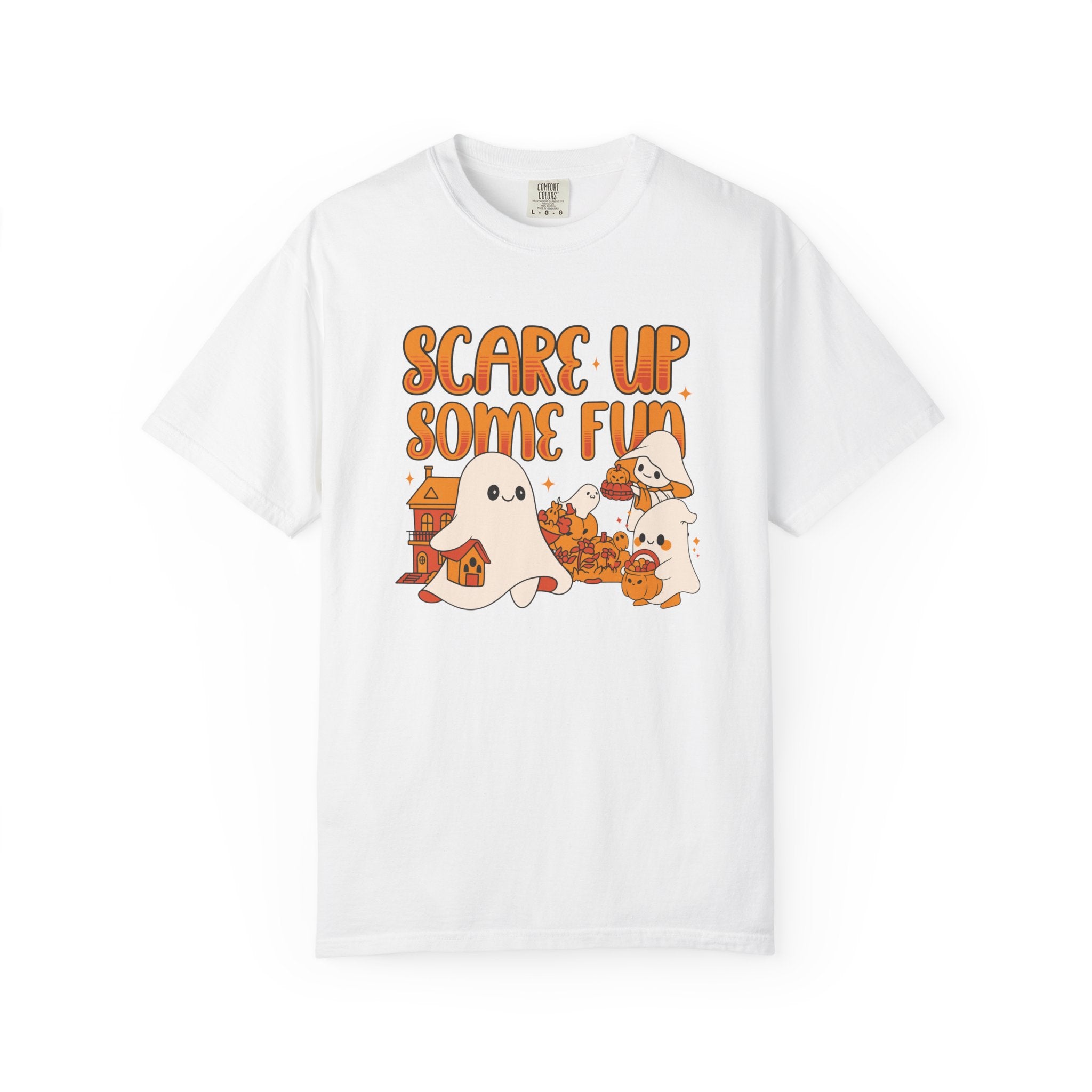 Funny Halloween Ghost T-Shirt: Spooky Pumpkin Design with ’Scare Up Some Fun’ Quote - White / S - T-Shirt