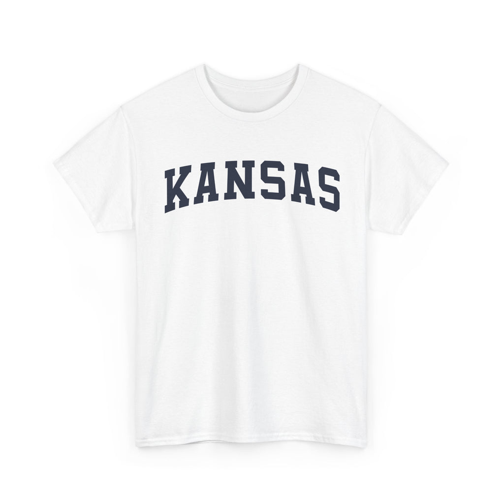 White t-shirt with 'KANSAS' printed on a white background