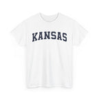 White t-shirt with 'KANSAS' printed on a white background