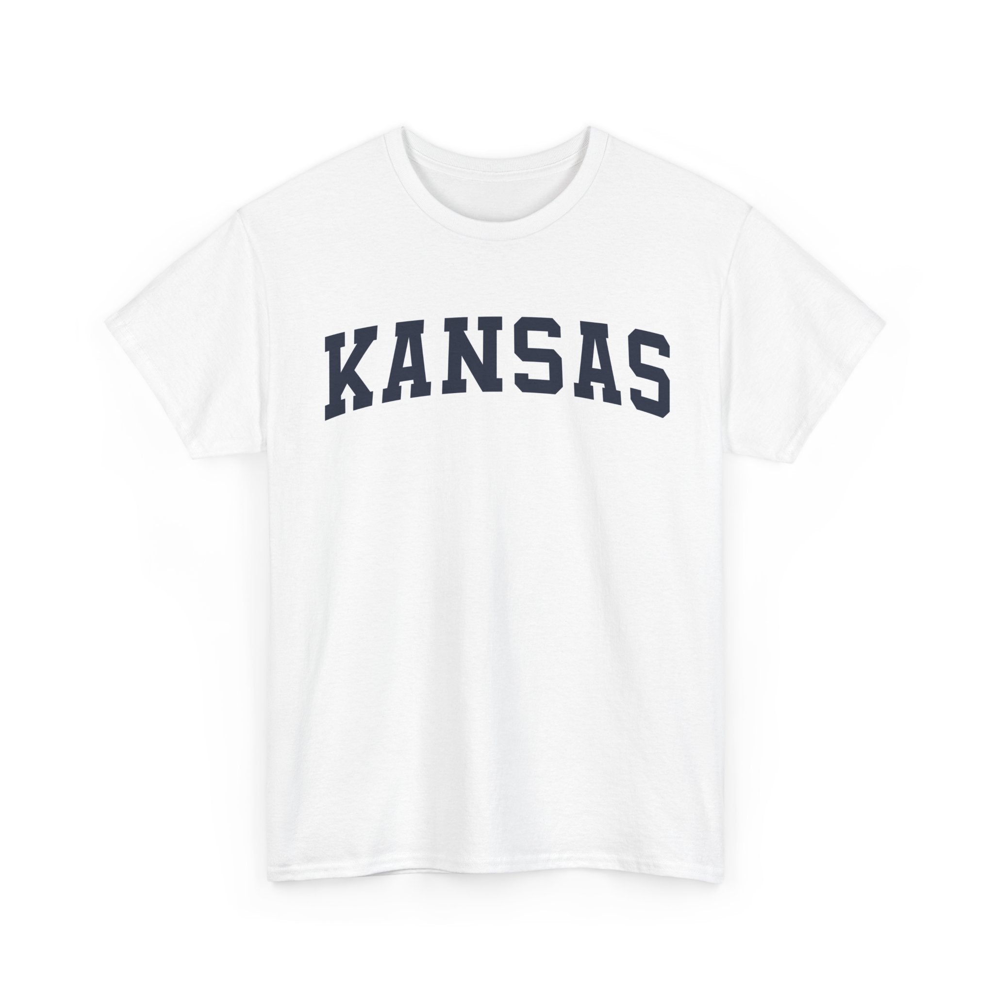 White t-shirt with 'KANSAS' printed on a white background