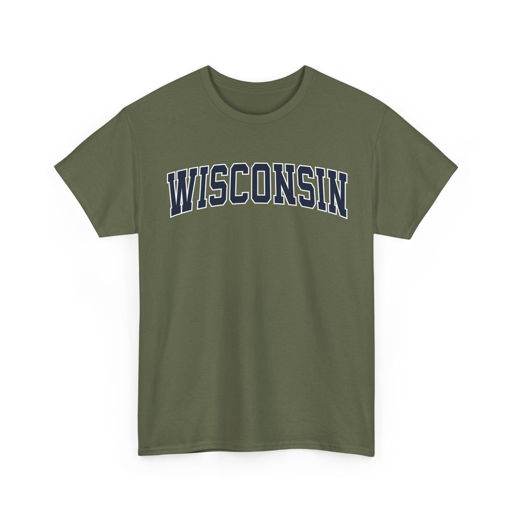 Green t-shirt with 'WISCONSIN' printed on it against a white background