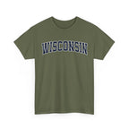 Green t-shirt with 'WISCONSIN' printed on it against a white background
