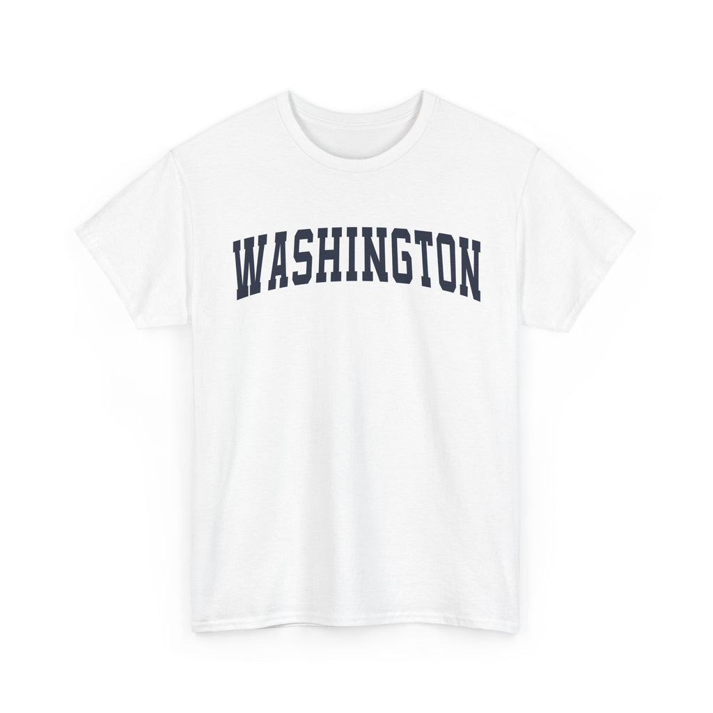 White t-shirt with 'WASHINGTON' printed on a white background