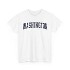 White t-shirt with 'WASHINGTON' printed on a white background