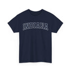 Navy blue t-shirt with 'INDIANA' printed on a white background