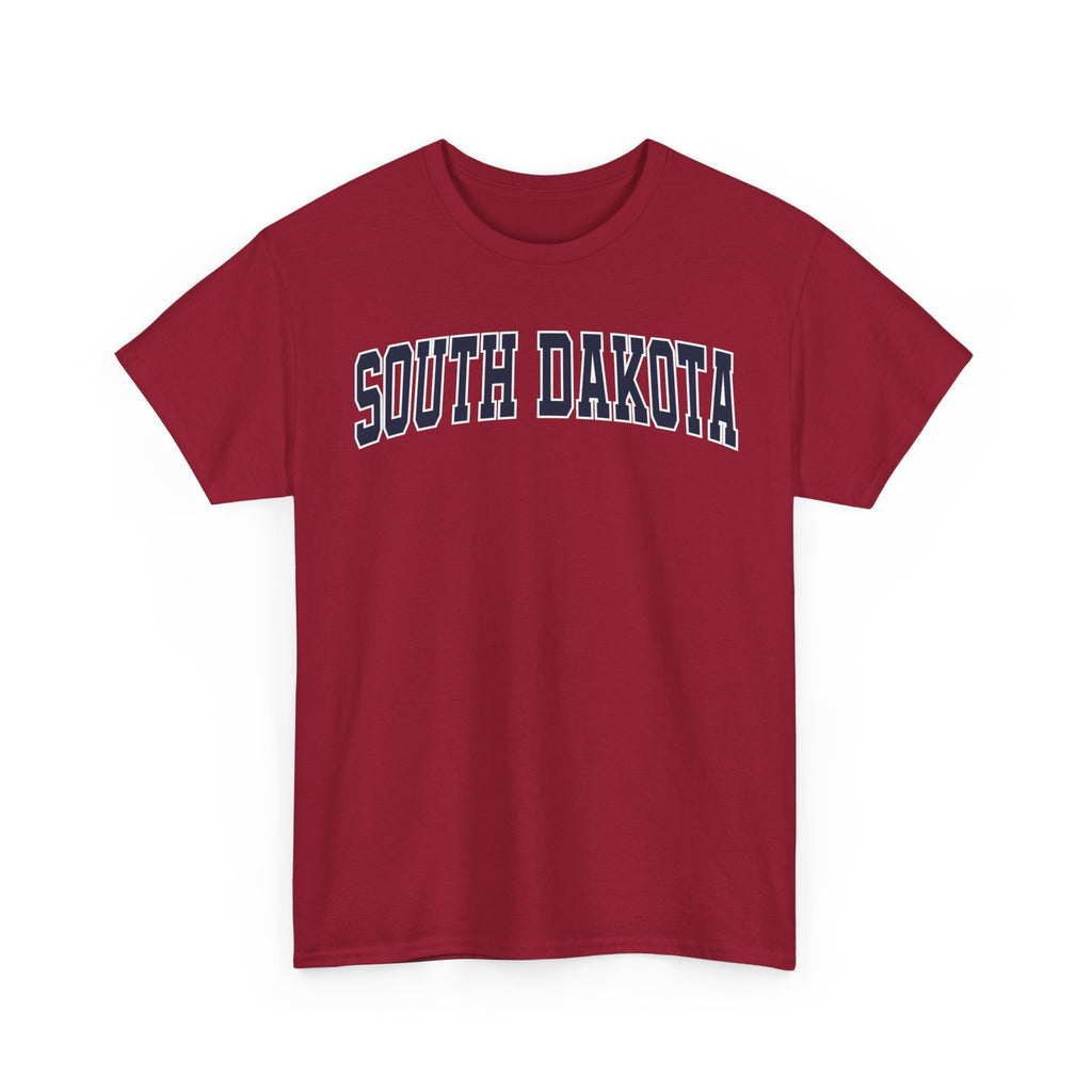 Red t-shirt with 'SOUTH DAKOTA' text on a white background