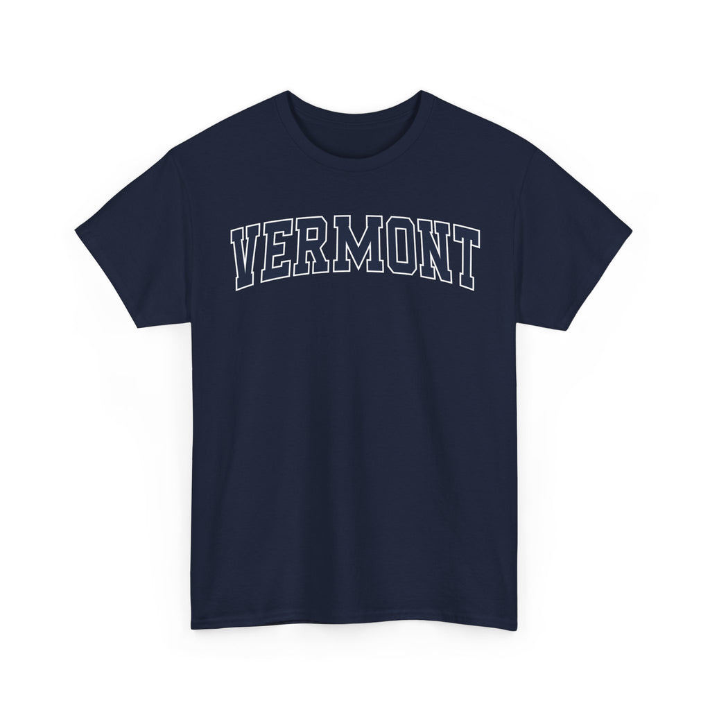 Navy blue t-shirt with 'VERMONT' printed on a white background