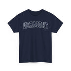 Navy blue t-shirt with 'VERMONT' printed on a white background