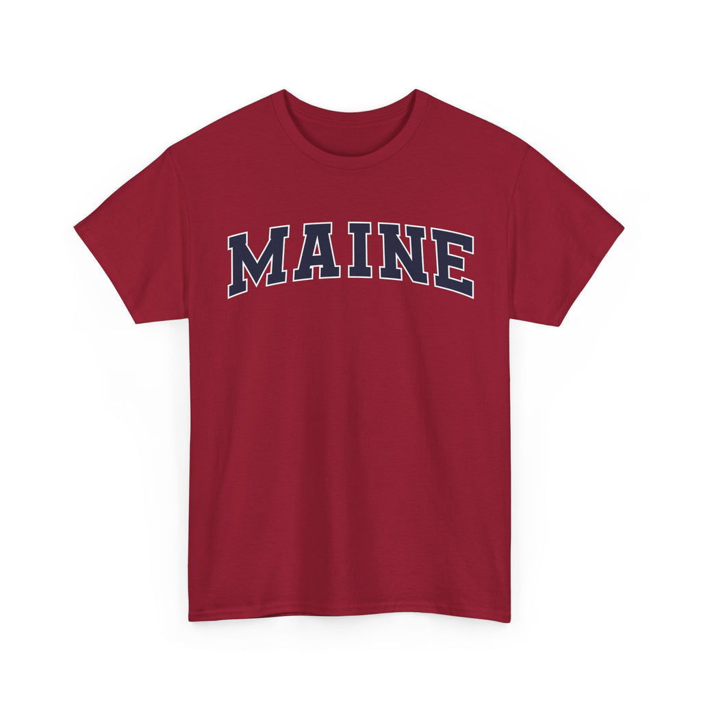 Red t-shirt with 'MAINE' printed on it against a white background