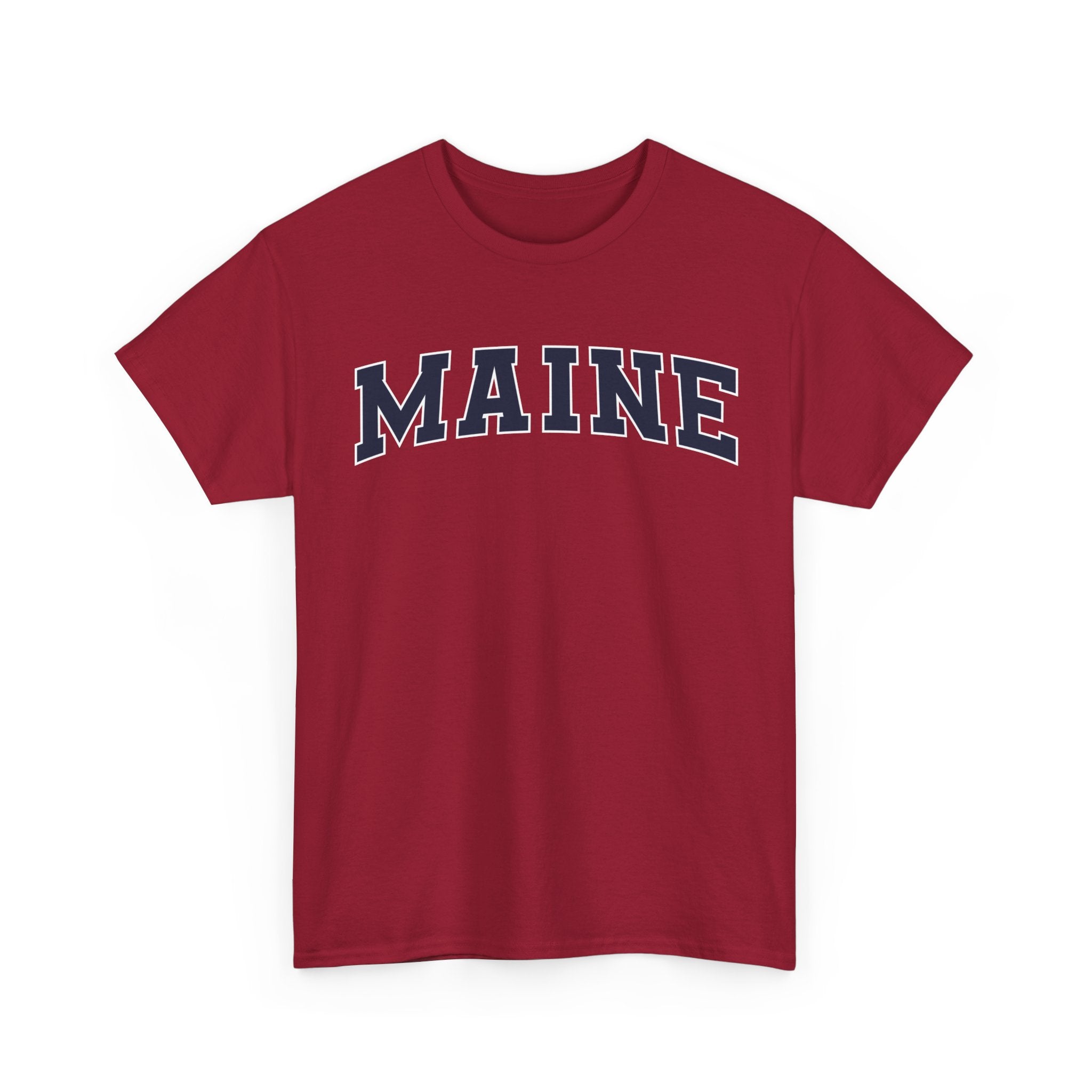 Red t-shirt with 'MAINE' printed on it against a white background