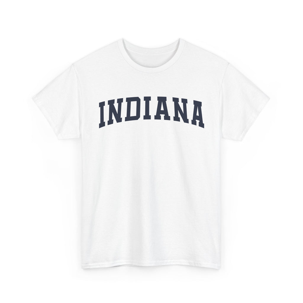 White t-shirt with 'INDIANA' text on a white background