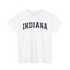 White t-shirt with 'INDIANA' text on a white background