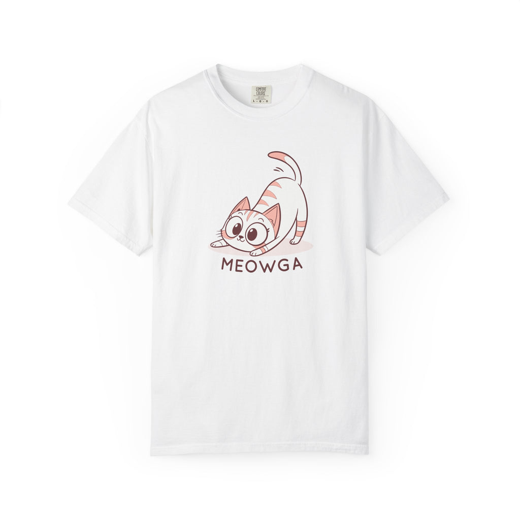 ’Meowga’ Cat Yoga T-Shirt | Cute Kitten Stretch Pose Graphic Tee - White / S