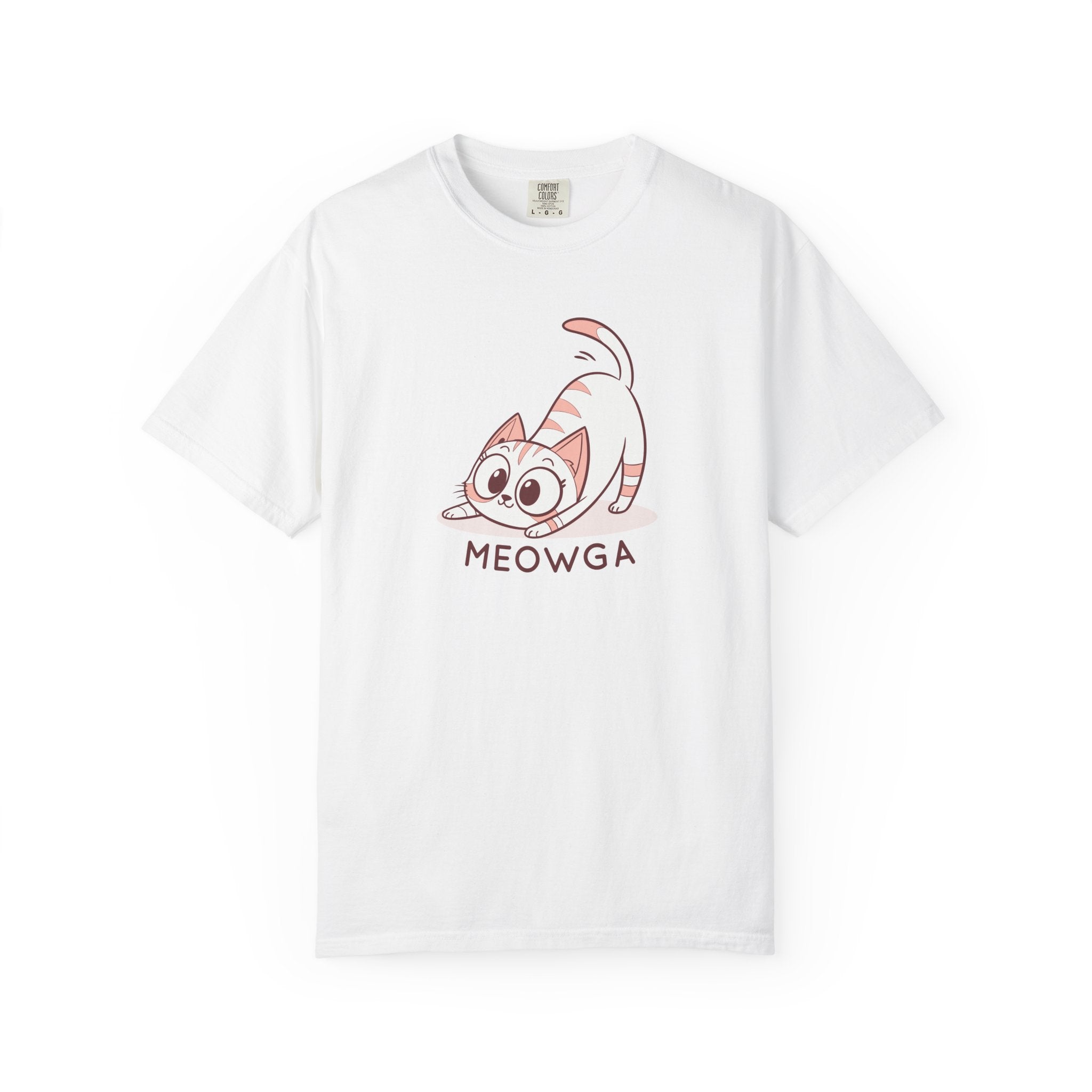 ’Meowga’ Cat Yoga T-Shirt | Cute Kitten Stretch Pose Graphic Tee - White / S
