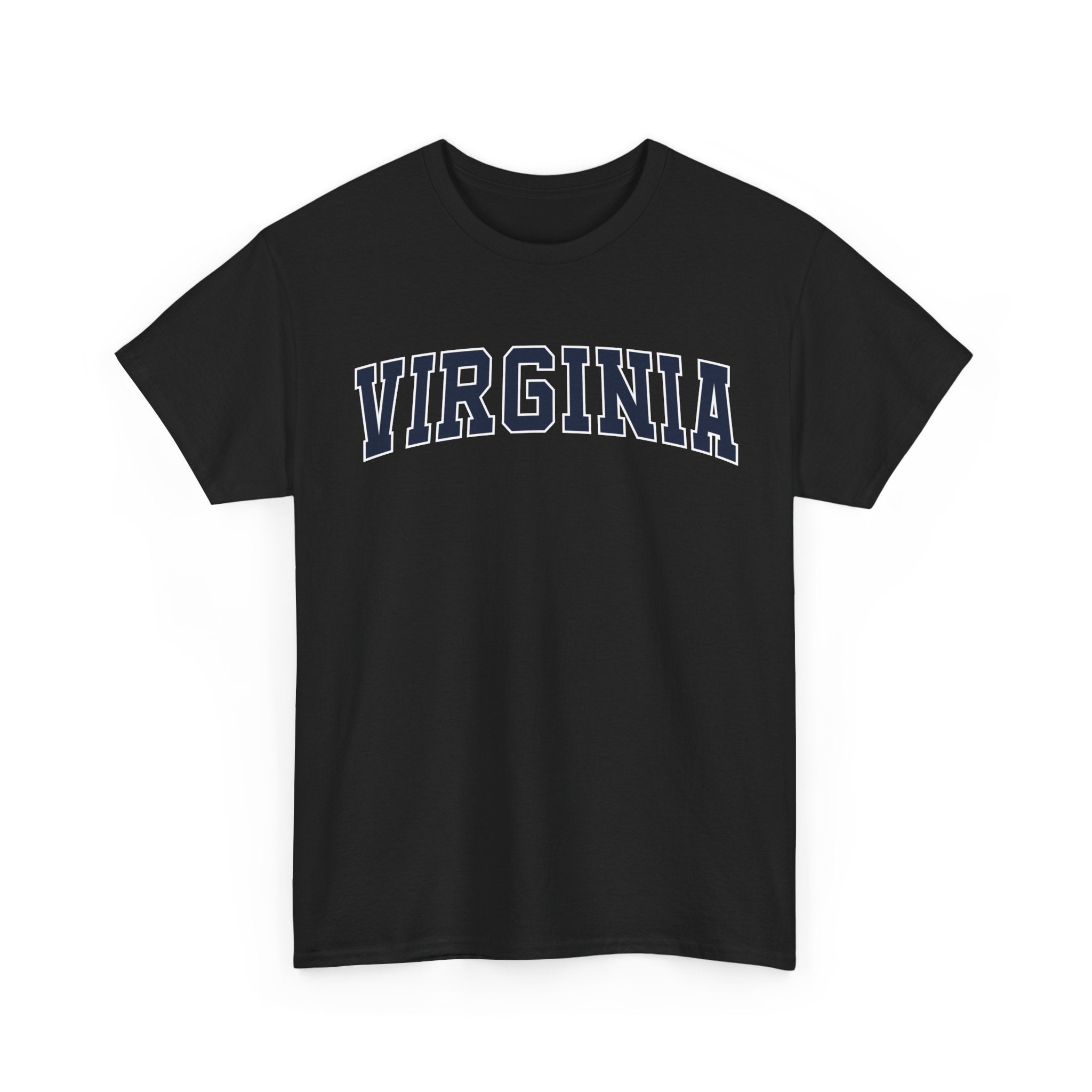 Black t-shirt with 'Virginia' printed on it against a white background