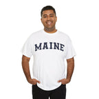Man wearing a white t-shirt with 'MAINE' printed on it against a white background