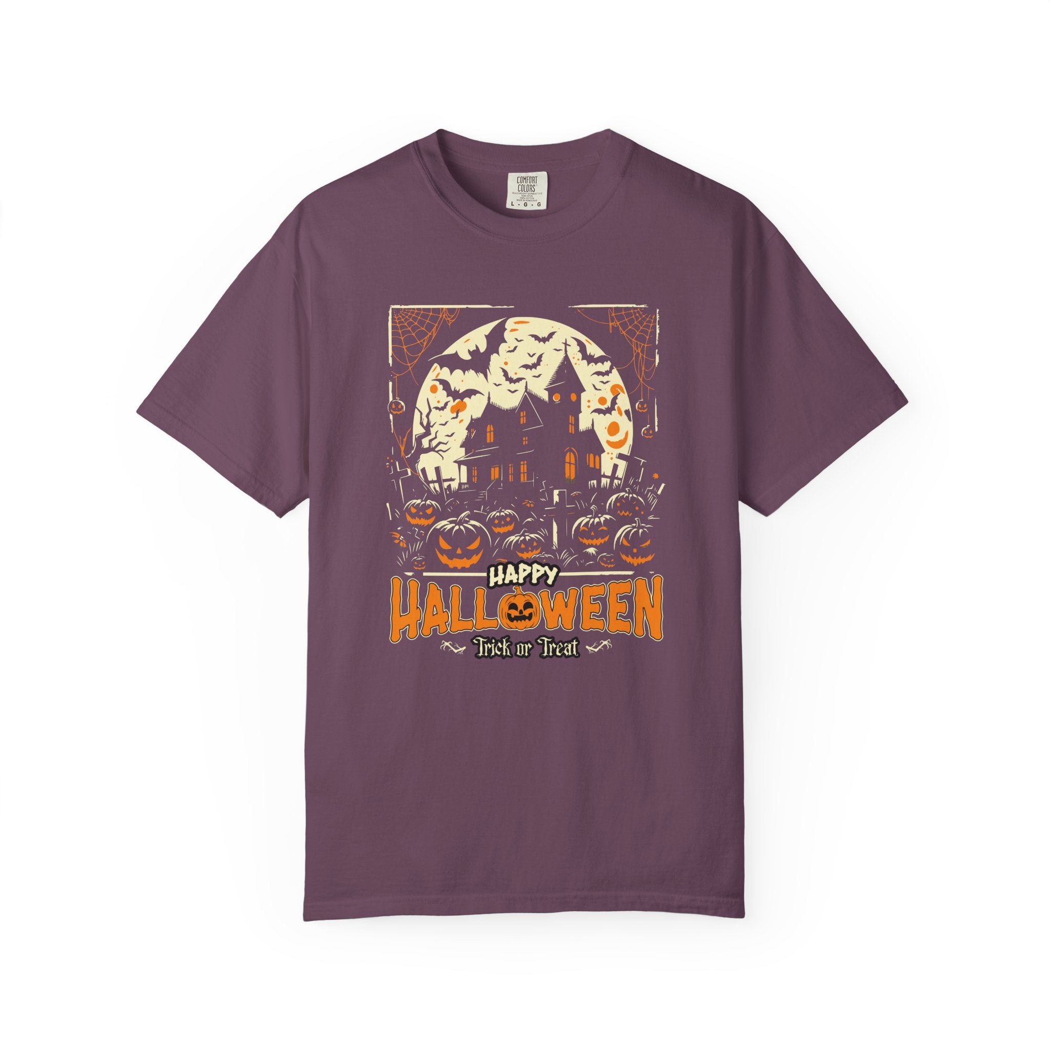 Happy Halloween T-Shirt: Haunted House Graphic Tee with Bats & Pumpkin - Trick or Treat - Berry / S - T-Shirt