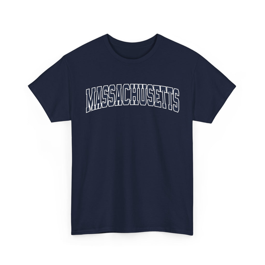 Navy blue t-shirt with 'MASSACHUSETTS' text on a white background