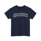 Navy blue t-shirt with 'MASSACHUSETTS' text on a white background