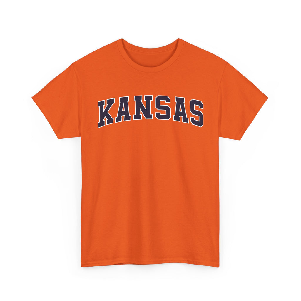 Orange t-shirt with 'KANSAS' text on a white background