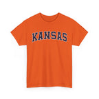 Orange t-shirt with 'KANSAS' text on a white background