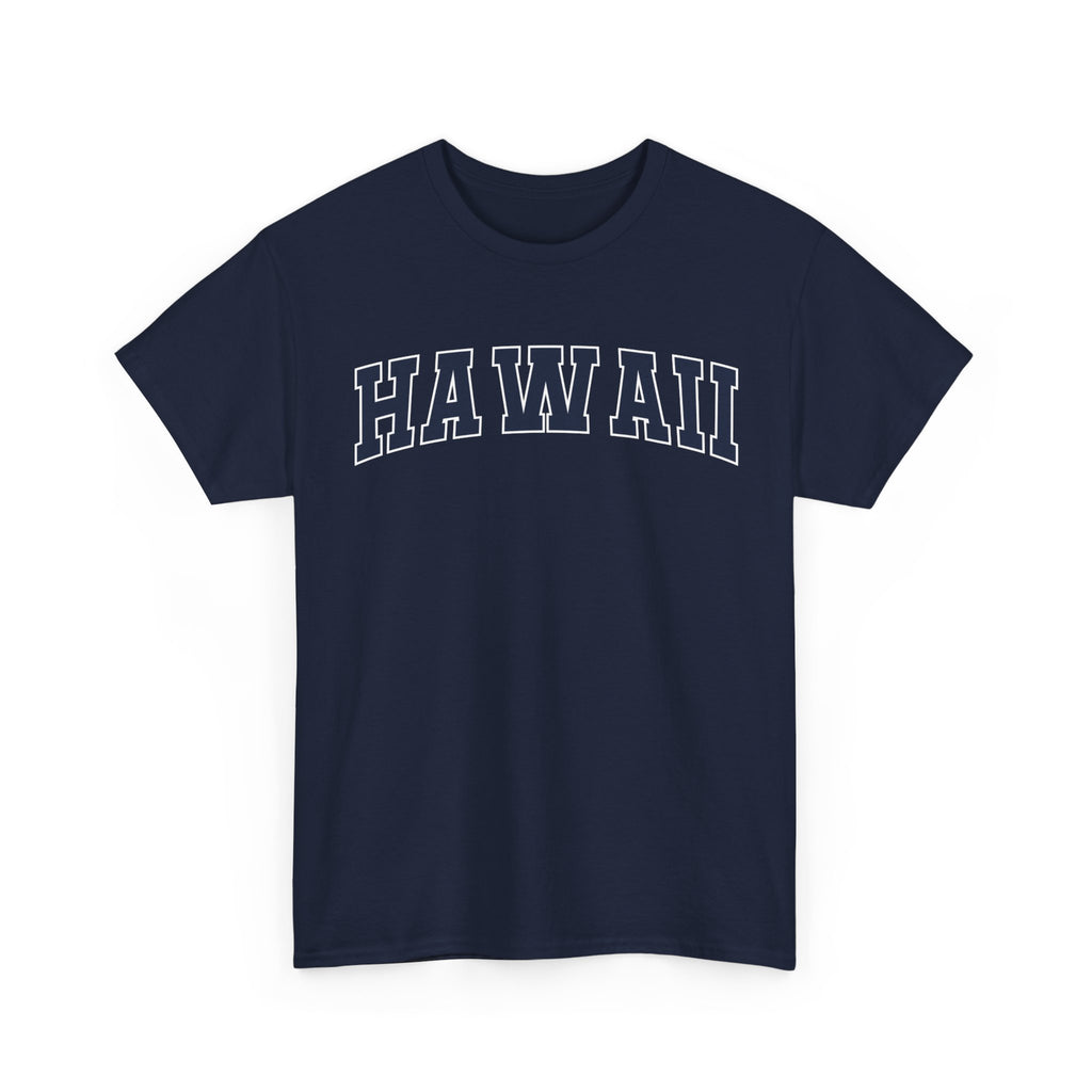 Navy blue t-shirt with 'HAWAII' text on a white background