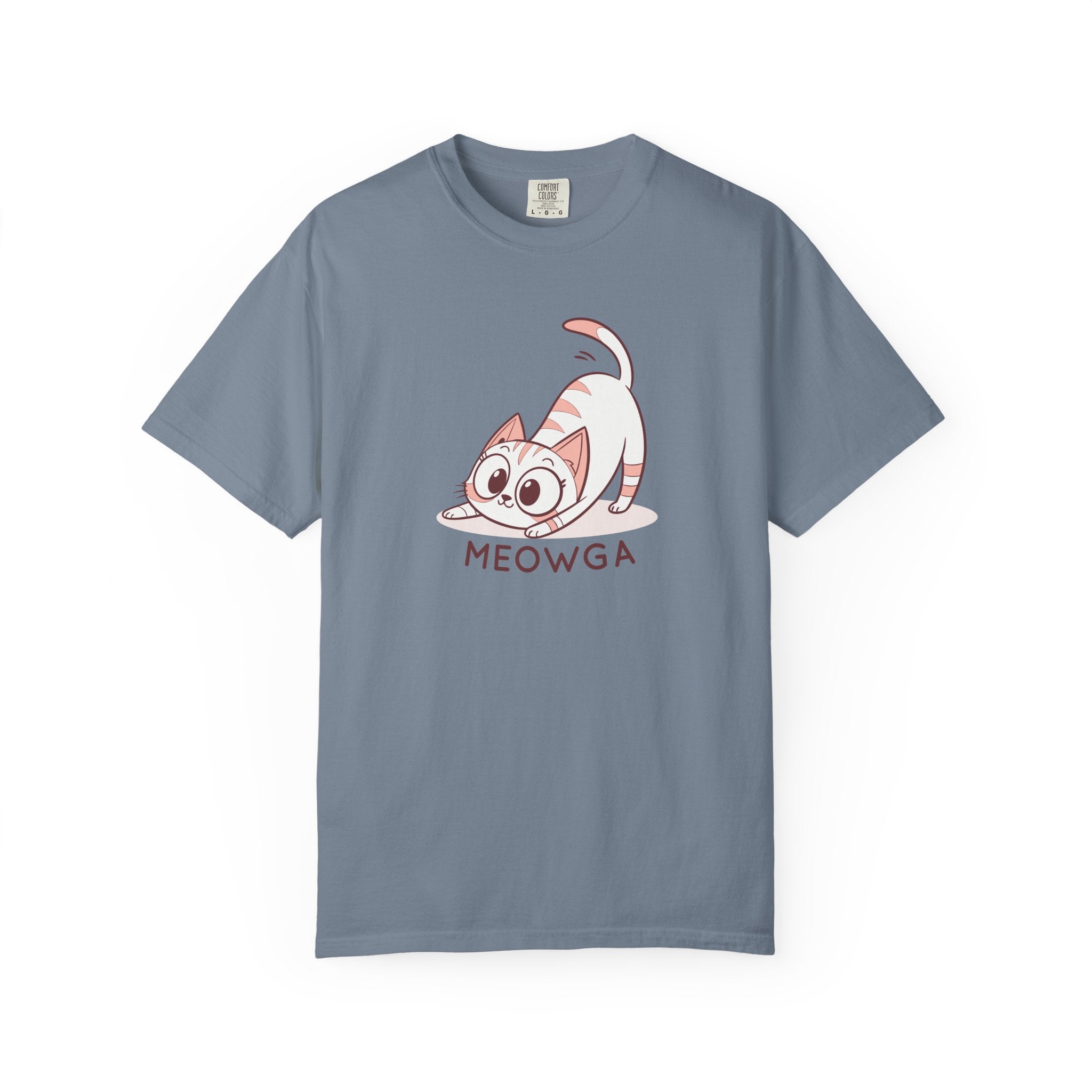 ’Meowga’ Cat Yoga T-Shirt | Cute Kitten Stretch Pose Graphic Tee - Blue Jean / S