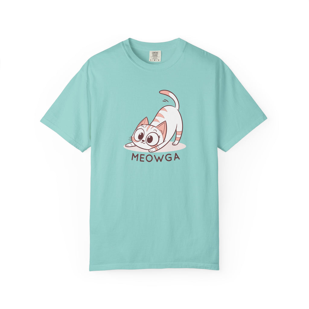 ’Meowga’ Cat Yoga T-Shirt | Cute Kitten Stretch Pose Graphic Tee - Chalky Mint / S